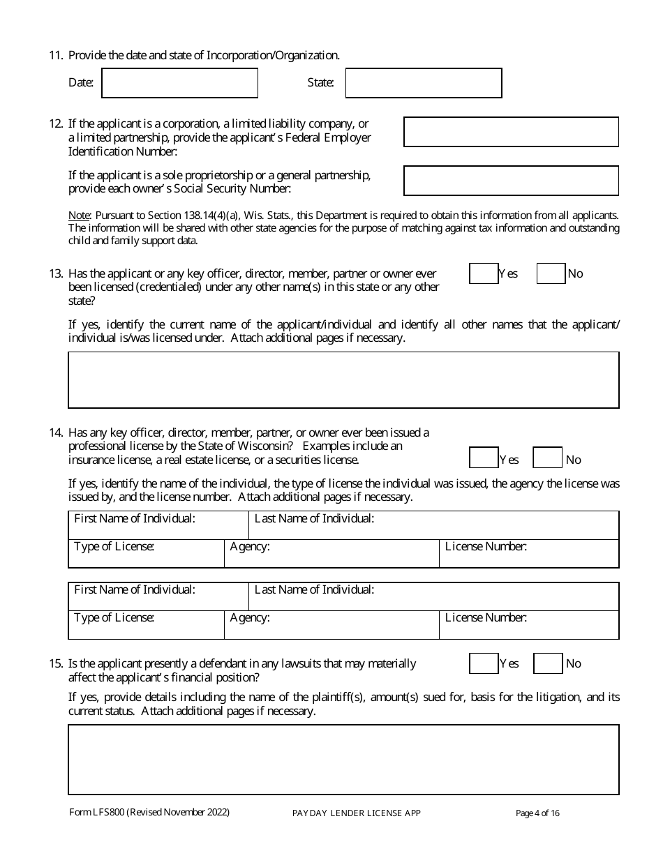 Form LFS800 Payday Lender License Application - Wisconsin, Page 9