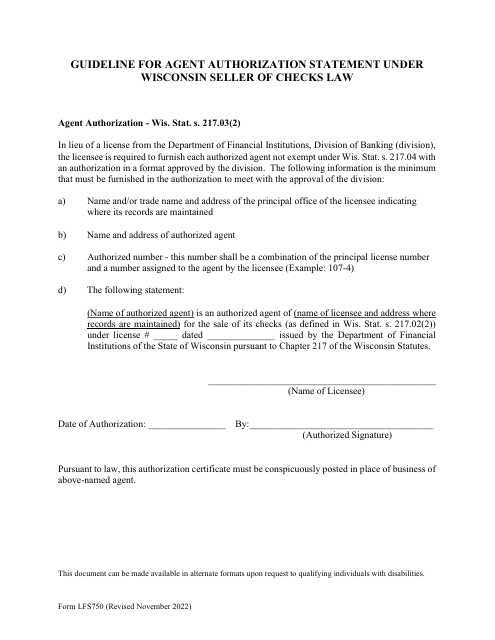 Form LFS750 Guideline for Agent Authorization Statement Under Wisconsin Seller of Checks Law - Wisconsin
