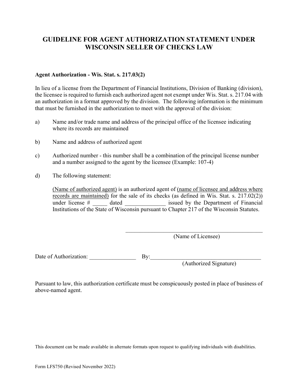 Form LFS750 Guideline for Agent Authorization Statement Under Wisconsin Seller of Checks Law - Wisconsin, Page 1