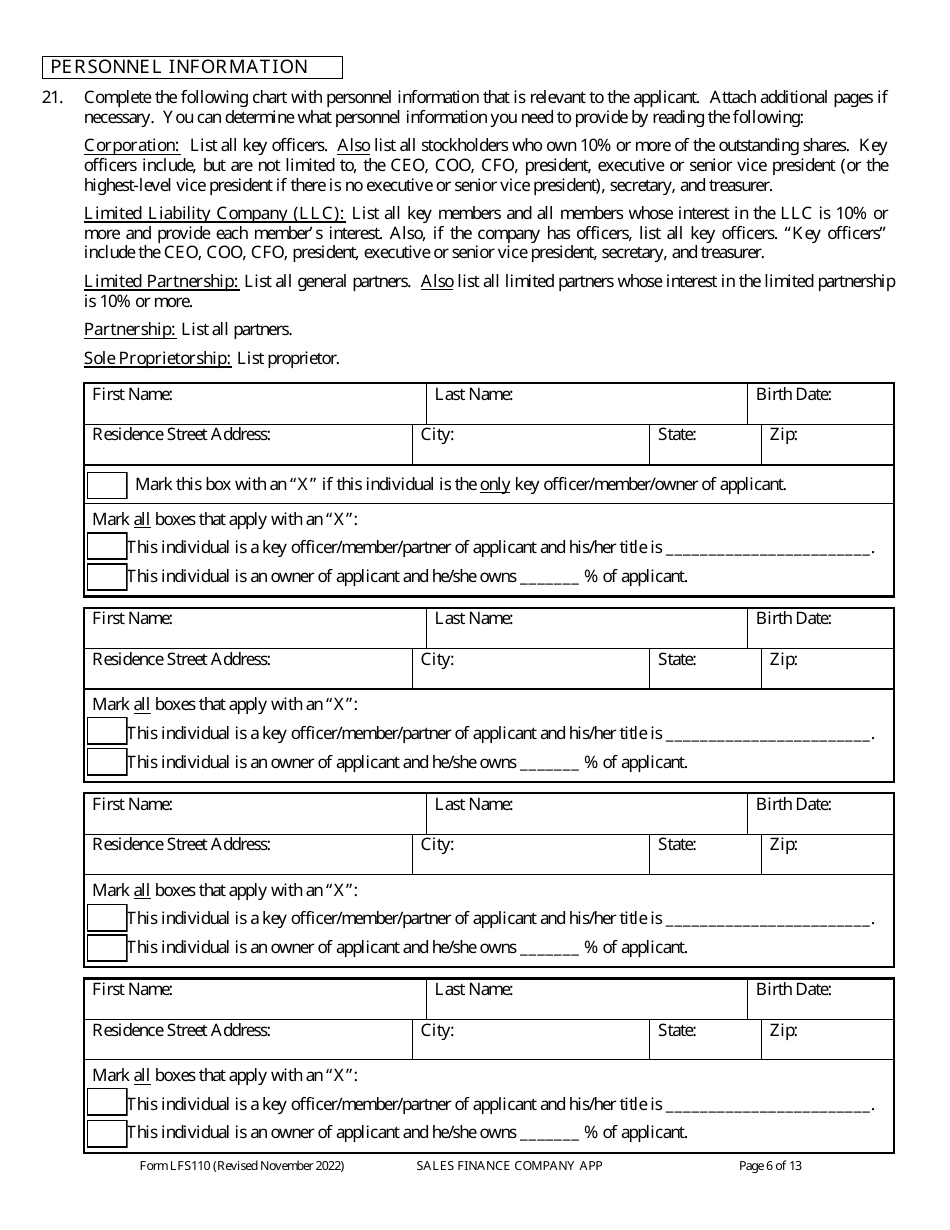 Form LFS110 Sales Finance Company License Application - Wisconsin, Page 10