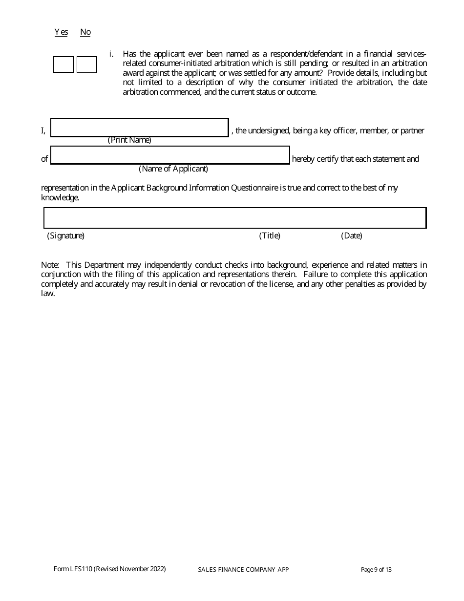 Form LFS110 Sales Finance Company License Application - Wisconsin, Page 13