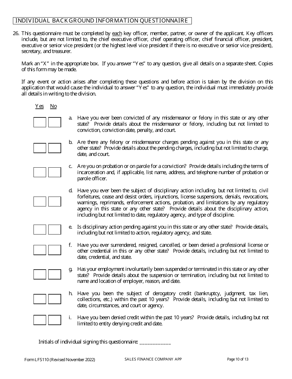 Form LFS110 Sales Finance Company License Application - Wisconsin, Page 14