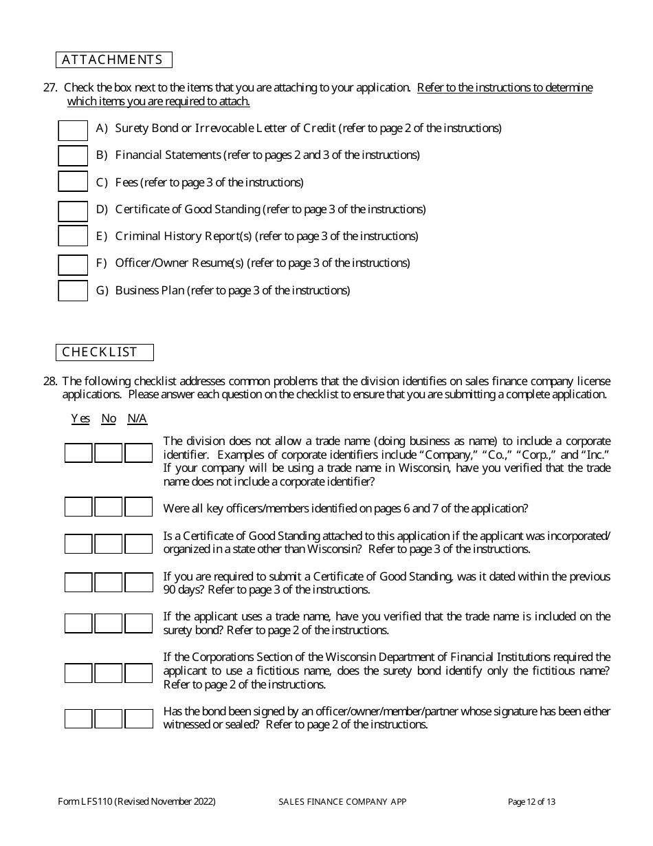 Form LFS110 Sales Finance Company License Application - Wisconsin, Page 16