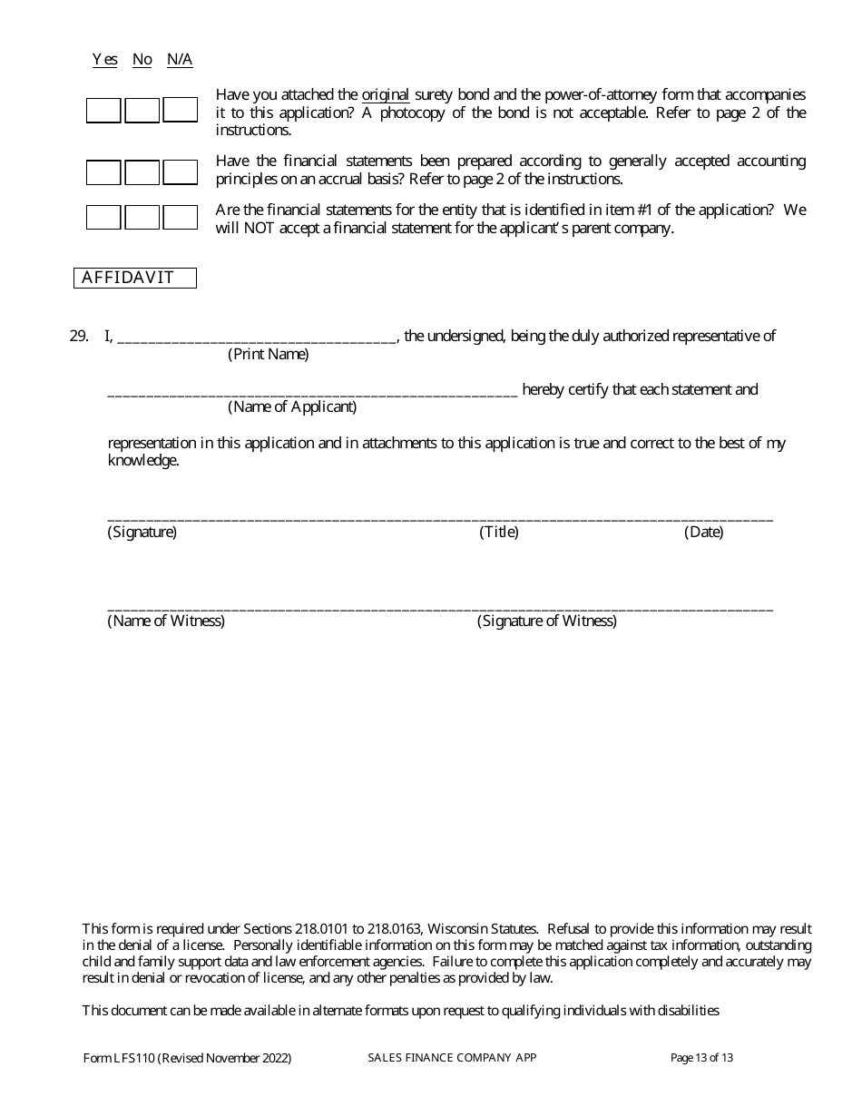 Form LFS110 Sales Finance Company License Application - Wisconsin, Page 17
