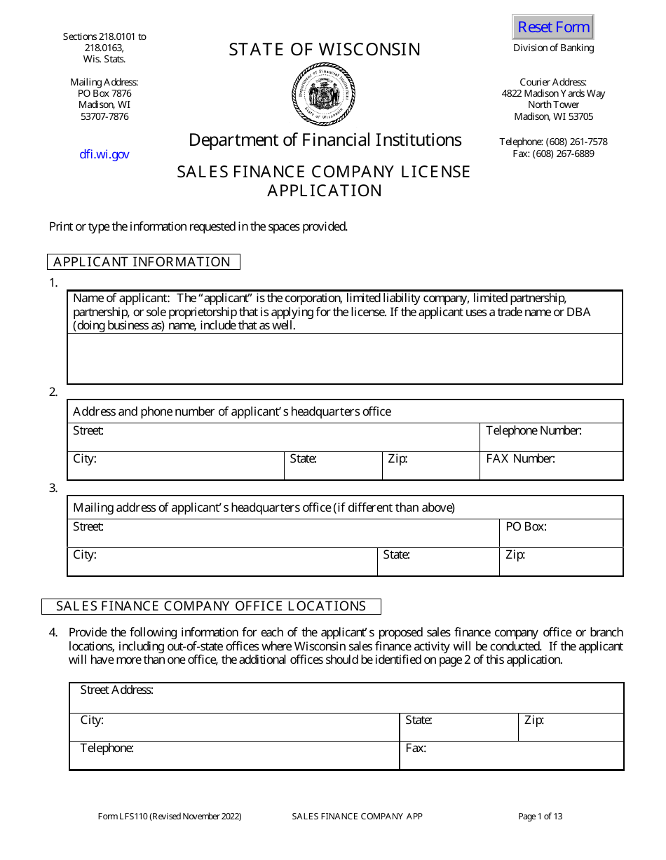 Form LFS110 Sales Finance Company License Application - Wisconsin, Page 5