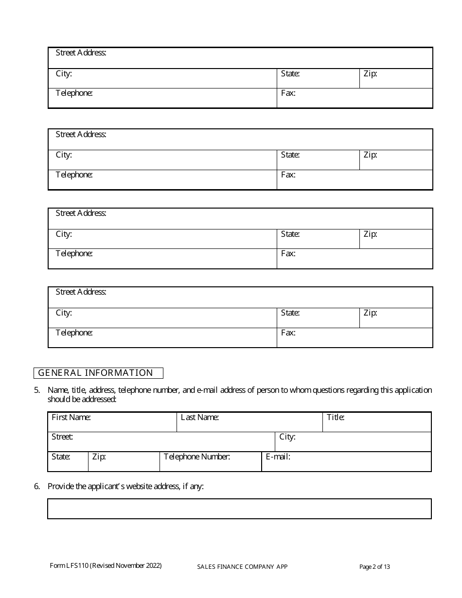 Form LFS110 Sales Finance Company License Application - Wisconsin, Page 6