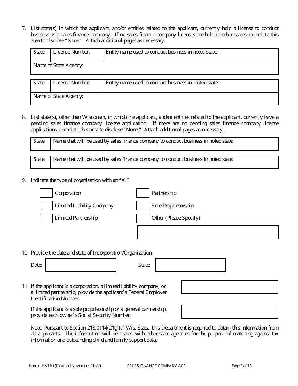 Form LFS110 Sales Finance Company License Application - Wisconsin, Page 7