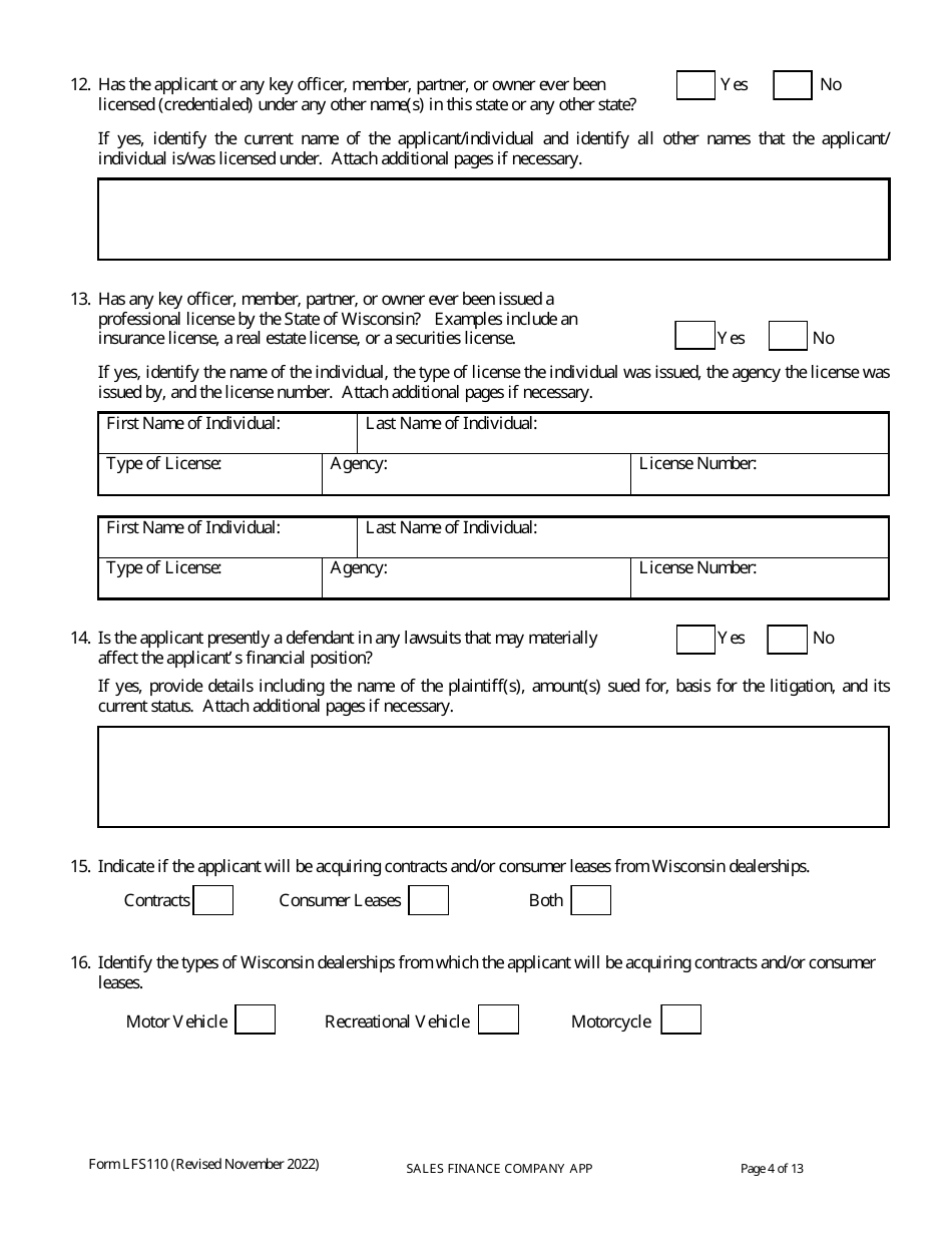 Form LFS110 Sales Finance Company License Application - Wisconsin, Page 8