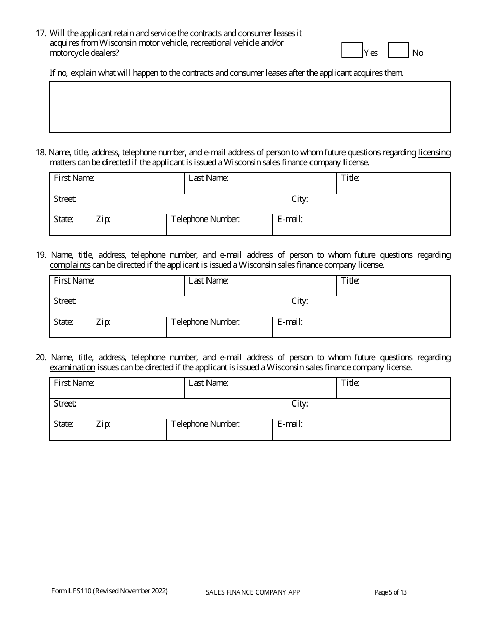 Form LFS110 Sales Finance Company License Application - Wisconsin, Page 9