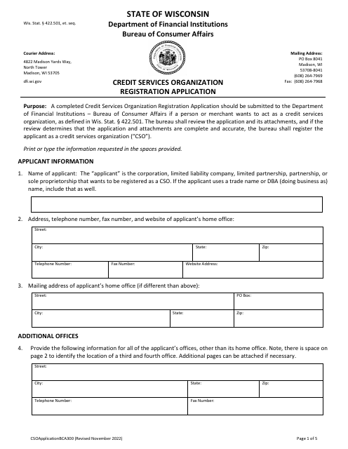 Form BCA300 Credit Services Organization Registration Application - Wisconsin
