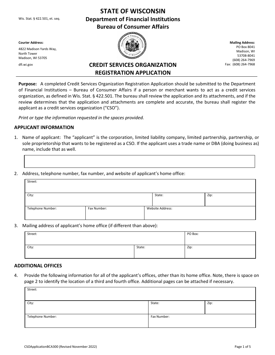 Form BCA300 Credit Services Organization Registration Application - Wisconsin, Page 1