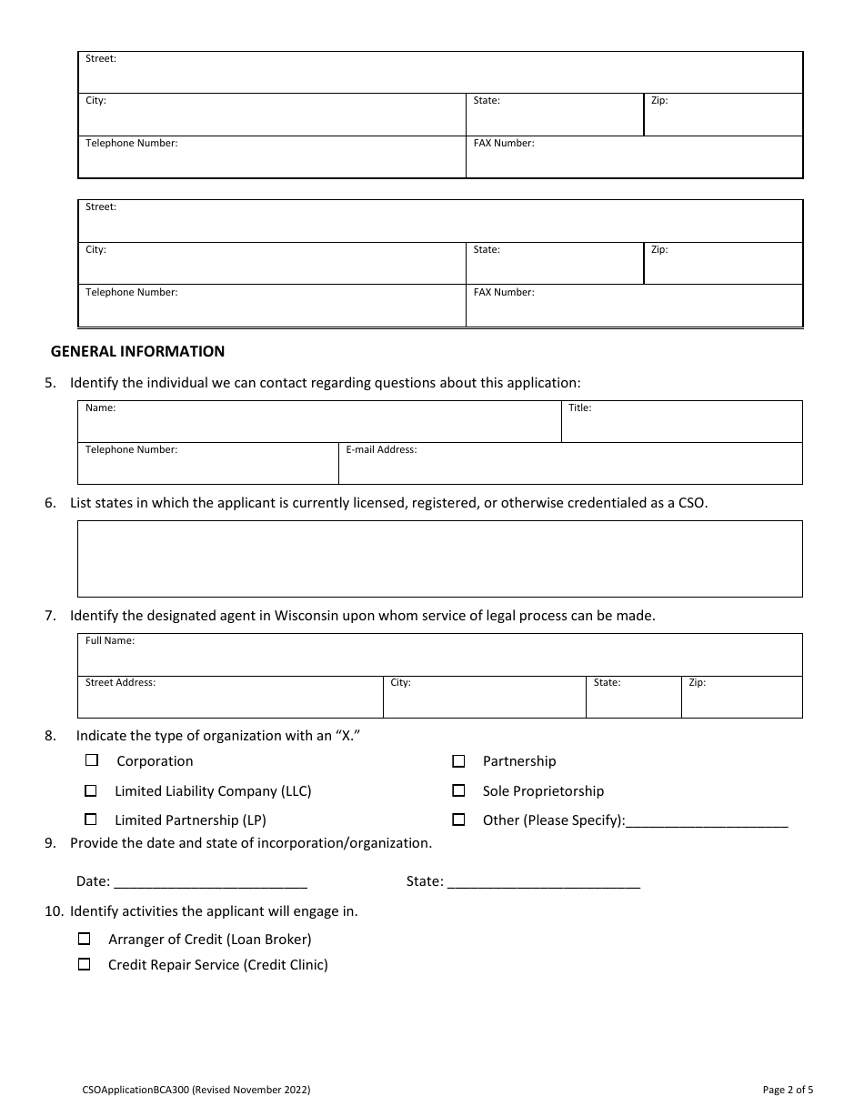 Form BCA300 Credit Services Organization Registration Application - Wisconsin, Page 2