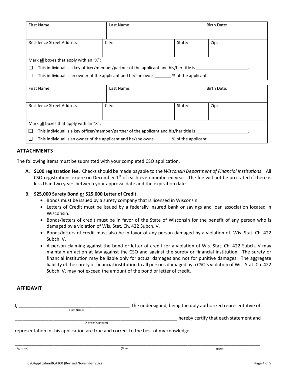 Form BCA300 Credit Services Organization Registration Application - Wisconsin, Page 4