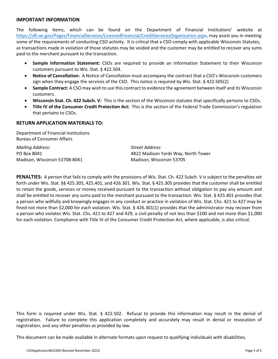 Form BCA300 Credit Services Organization Registration Application - Wisconsin, Page 5