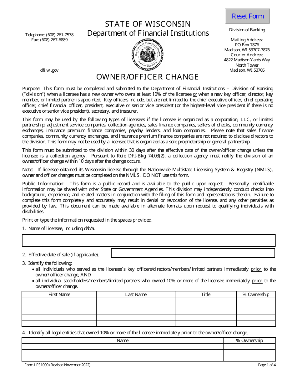 Form LFS1000 Owner / Officer Change - Wisconsin, Page 1