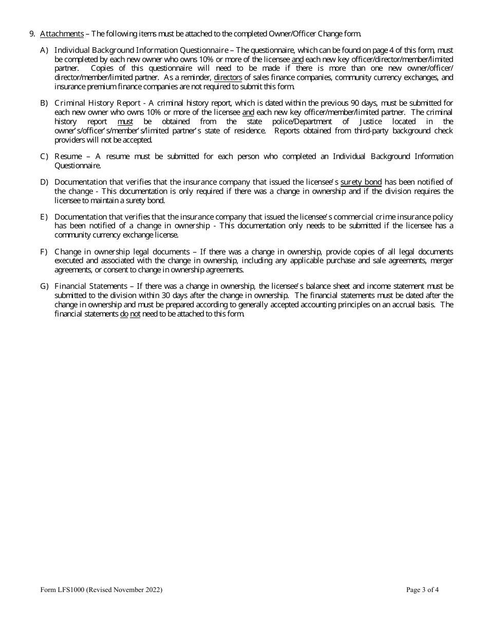 Form LFS1000 Owner / Officer Change - Wisconsin, Page 3