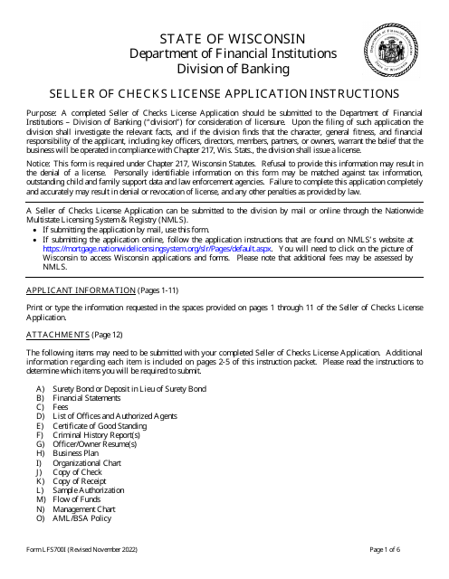 Form LFS700 Seller of Checks License Application - Wisconsin