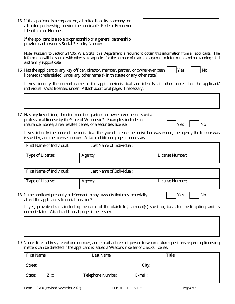 Form LFS700 Seller of Checks License Application - Wisconsin, Page 10