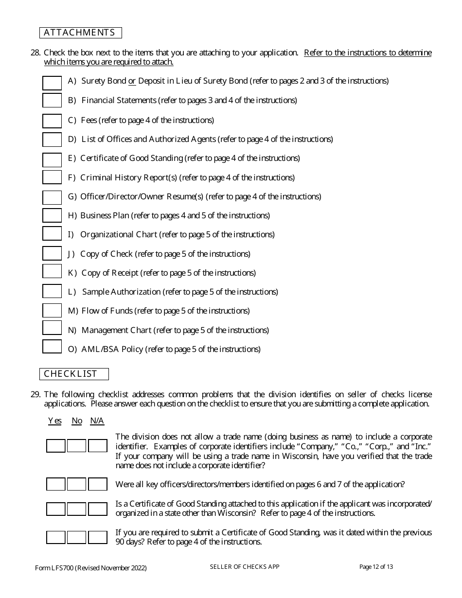 Form LFS700 Seller of Checks License Application - Wisconsin, Page 18