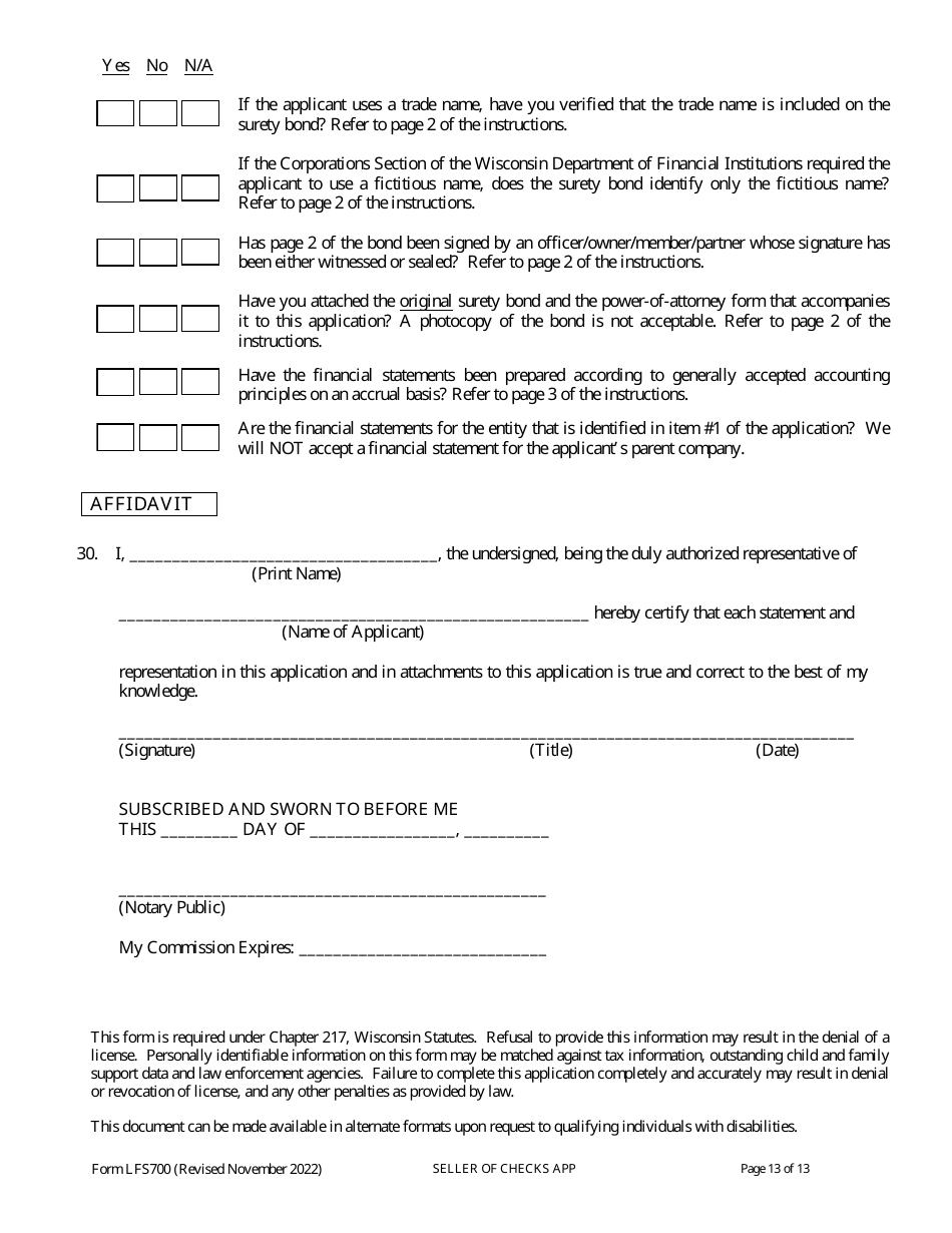 Form LFS700 Seller of Checks License Application - Wisconsin, Page 19