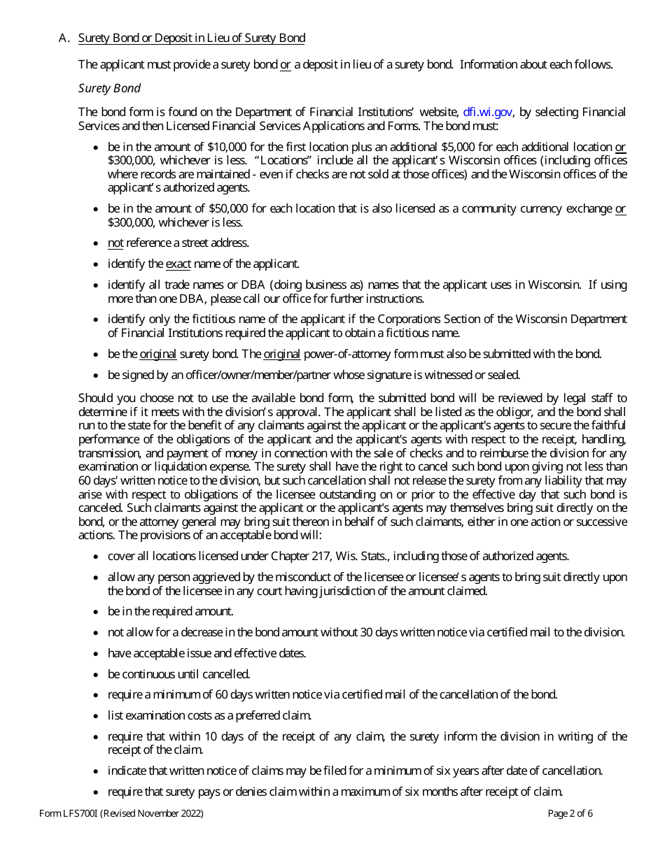 Form LFS700 Seller of Checks License Application - Wisconsin, Page 2