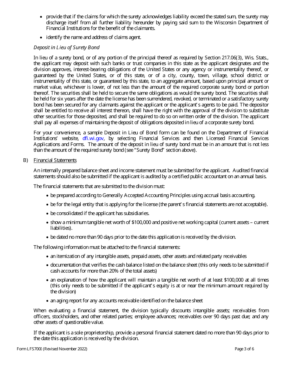 Form LFS700 Seller of Checks License Application - Wisconsin, Page 3