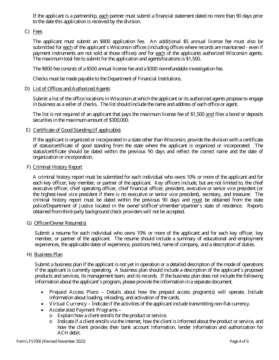 Form LFS700 Seller of Checks License Application - Wisconsin, Page 4