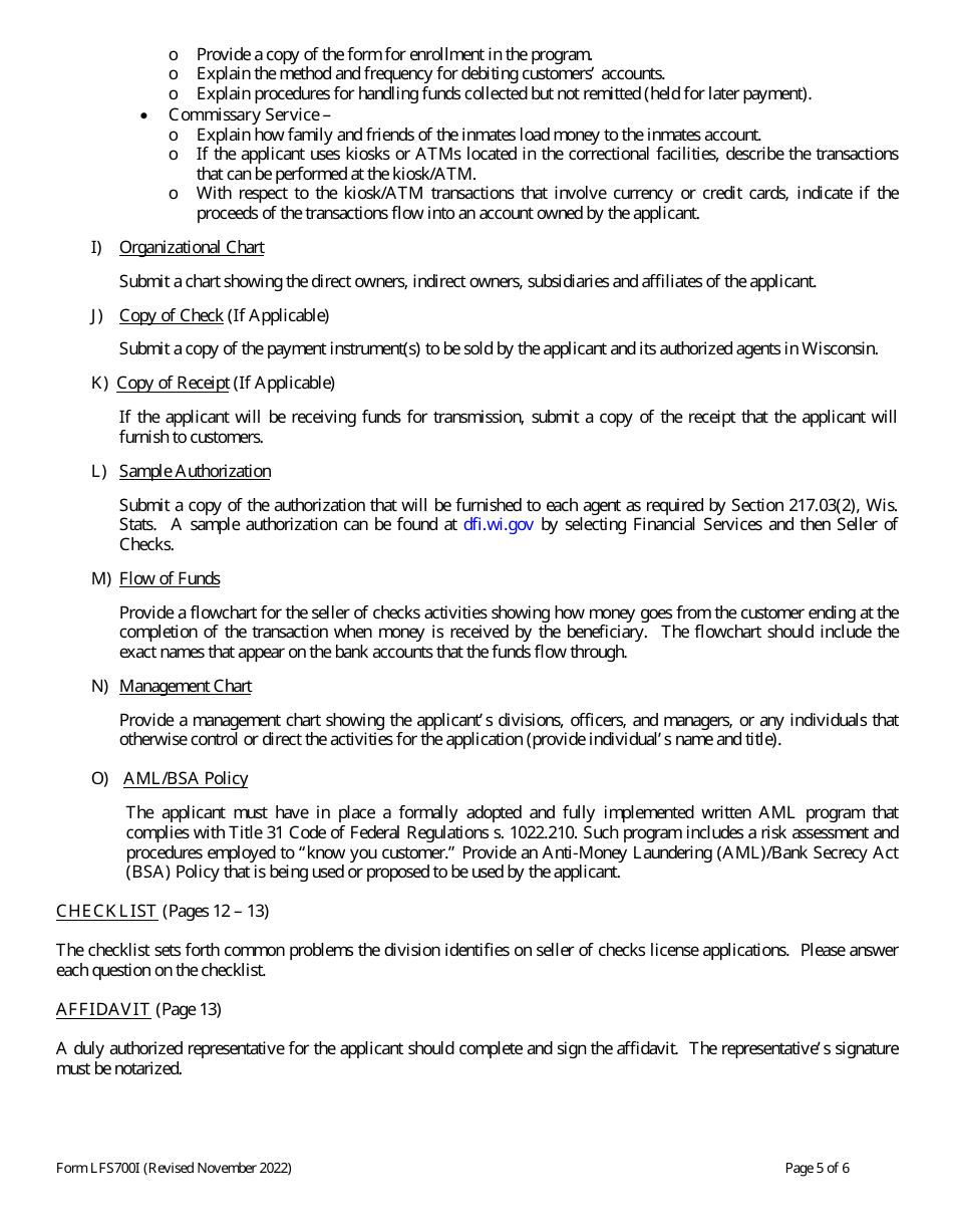 Form LFS700 Seller of Checks License Application - Wisconsin, Page 5