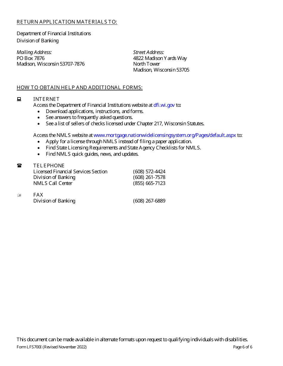 Form LFS700 Seller of Checks License Application - Wisconsin, Page 6