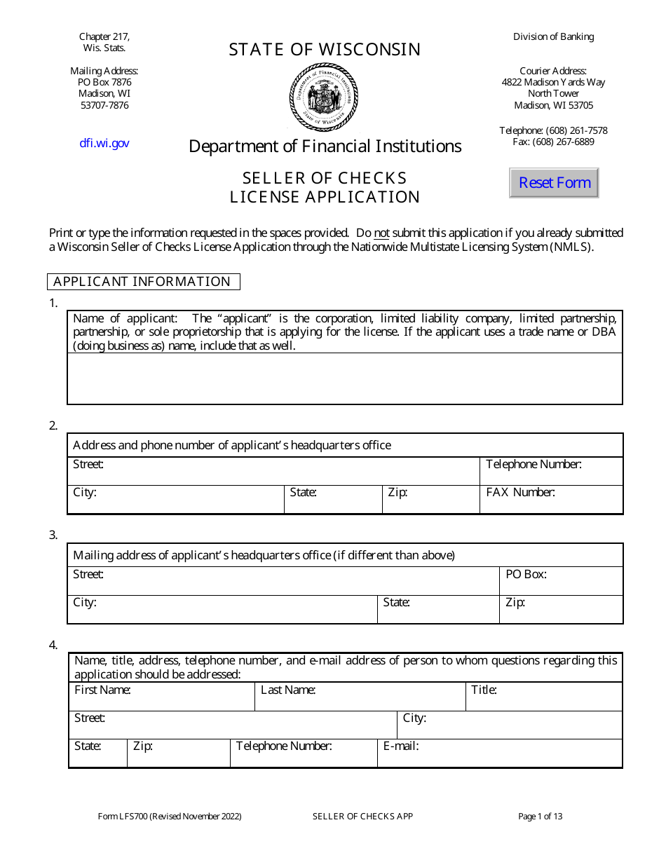 Form LFS700 Seller of Checks License Application - Wisconsin, Page 7