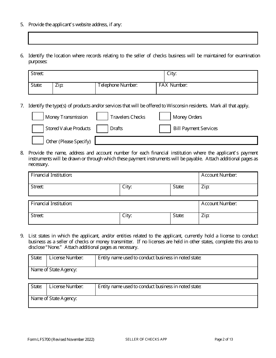 Form LFS700 Seller of Checks License Application - Wisconsin, Page 8