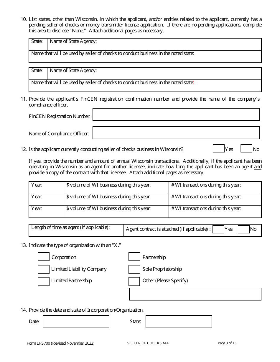 Form LFS700 Seller of Checks License Application - Wisconsin, Page 9