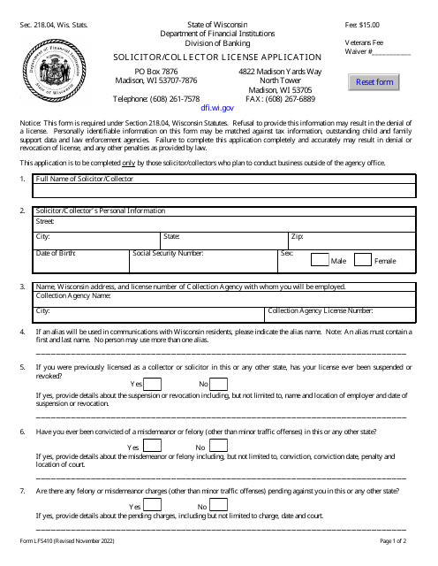 Form LFS410 Solicitor/Collector License Application - Wisconsin