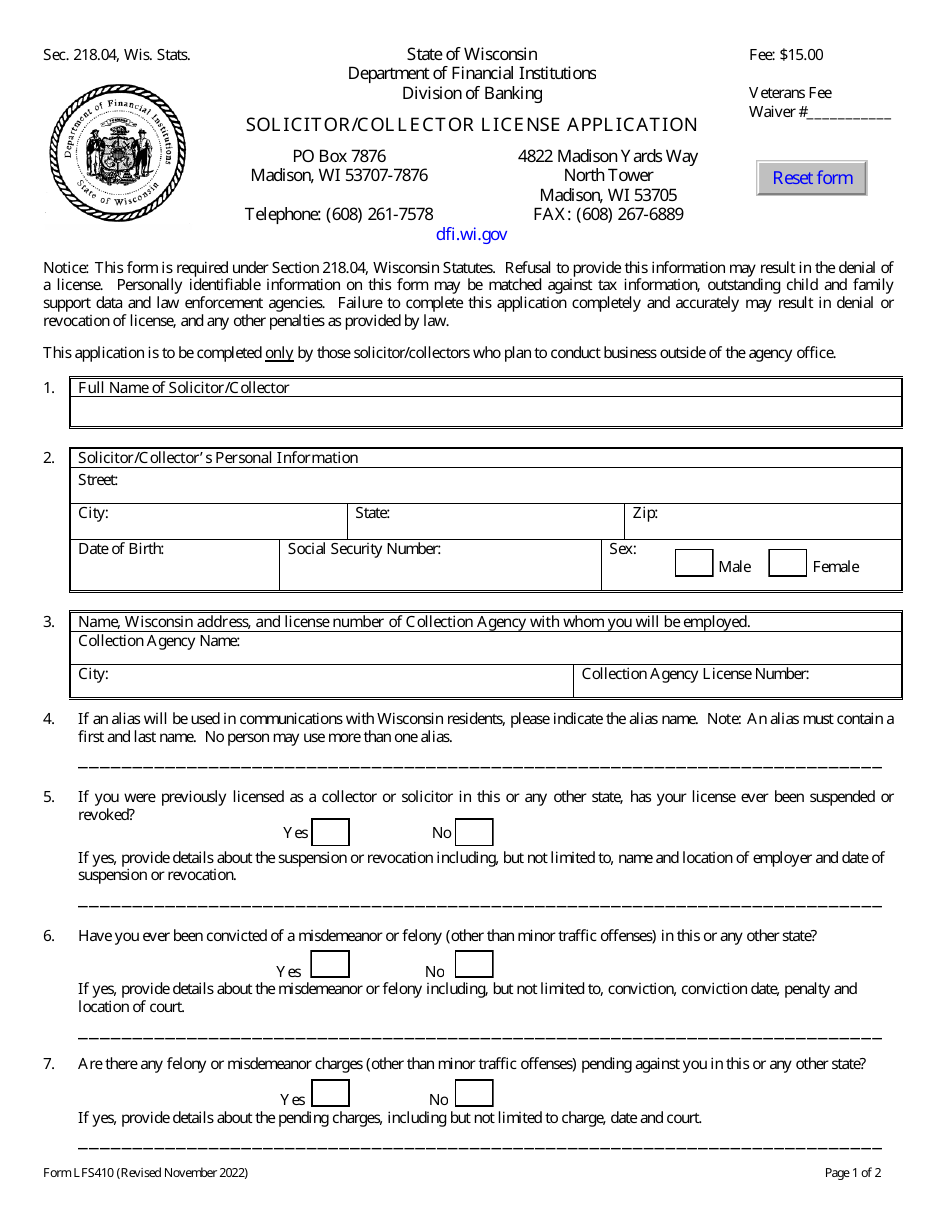 Form LFS410 Solicitor / Collector License Application - Wisconsin, Page 1
