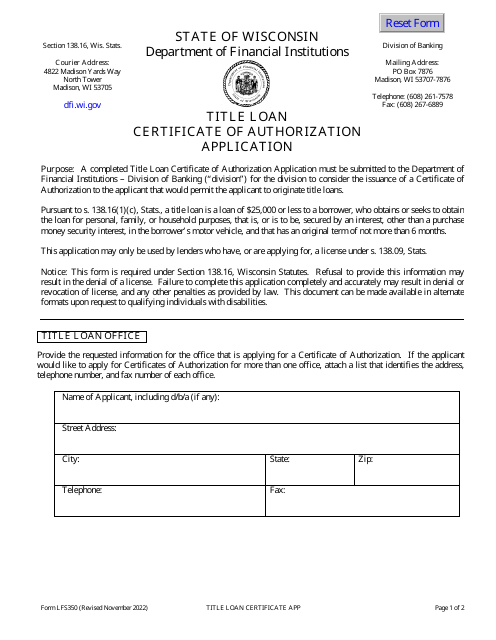 Form LFS350 Title Loan Certificate of Authorization Application - Wisconsin