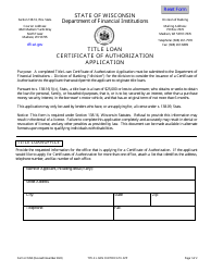 Form LFS350 Title Loan Certificate of Authorization Application - Wisconsin
