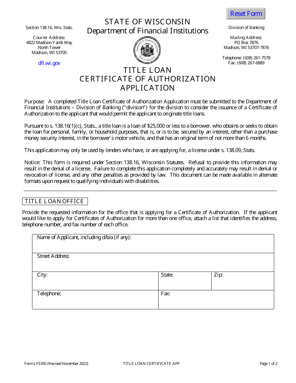 Form LFS350 Title Loan Certificate of Authorization Application - Wisconsin, Page 1