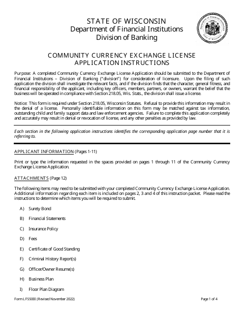 Form LFS500 Community Currency Exchange License Application - Wisconsin