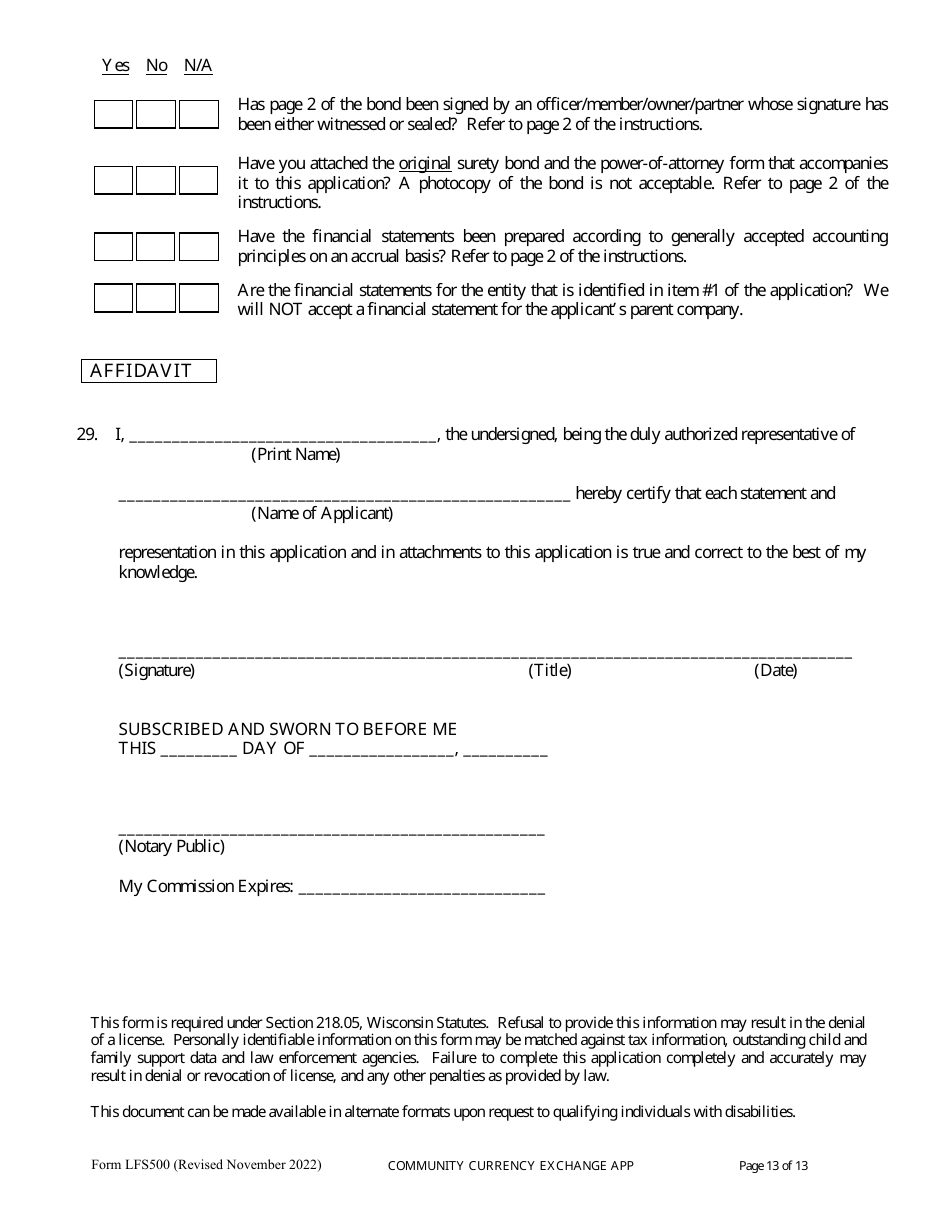 Form LFS500 Community Currency Exchange License Application - Wisconsin, Page 17