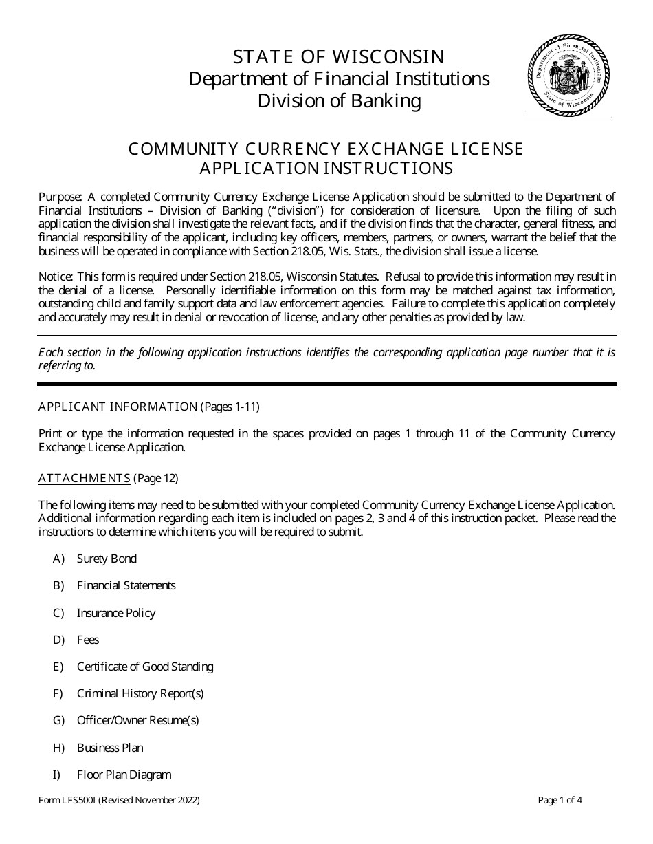 Form LFS500 Community Currency Exchange License Application - Wisconsin, Page 1