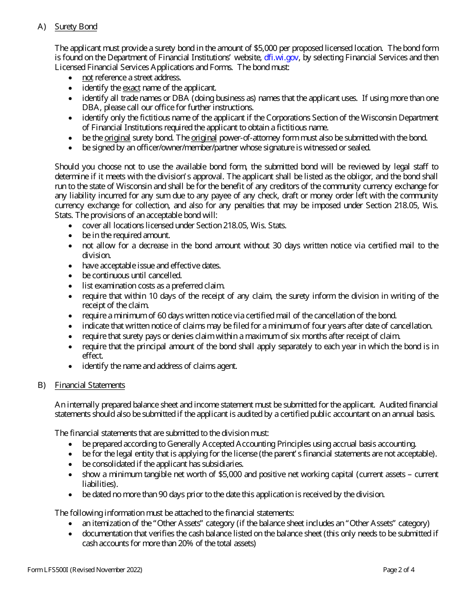 Form LFS500 Community Currency Exchange License Application - Wisconsin, Page 2