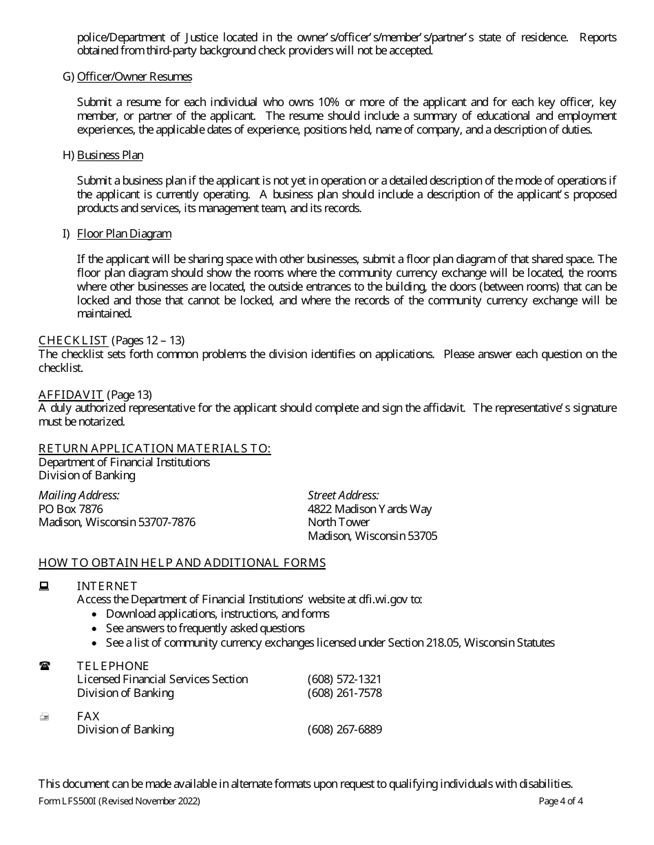 Form LFS500 Community Currency Exchange License Application - Wisconsin, Page 4