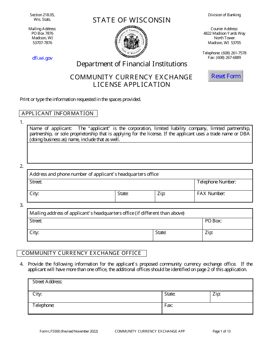 Form LFS500 Community Currency Exchange License Application - Wisconsin, Page 5