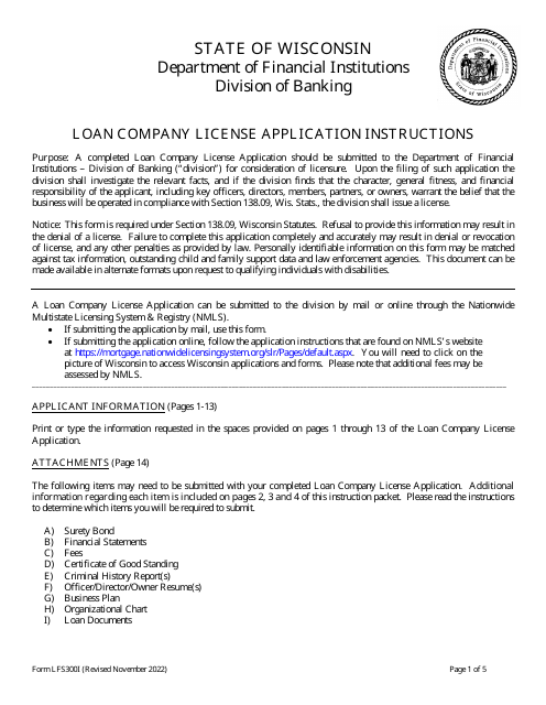 Form LFS300 Loan Company License Application - Wisconsin