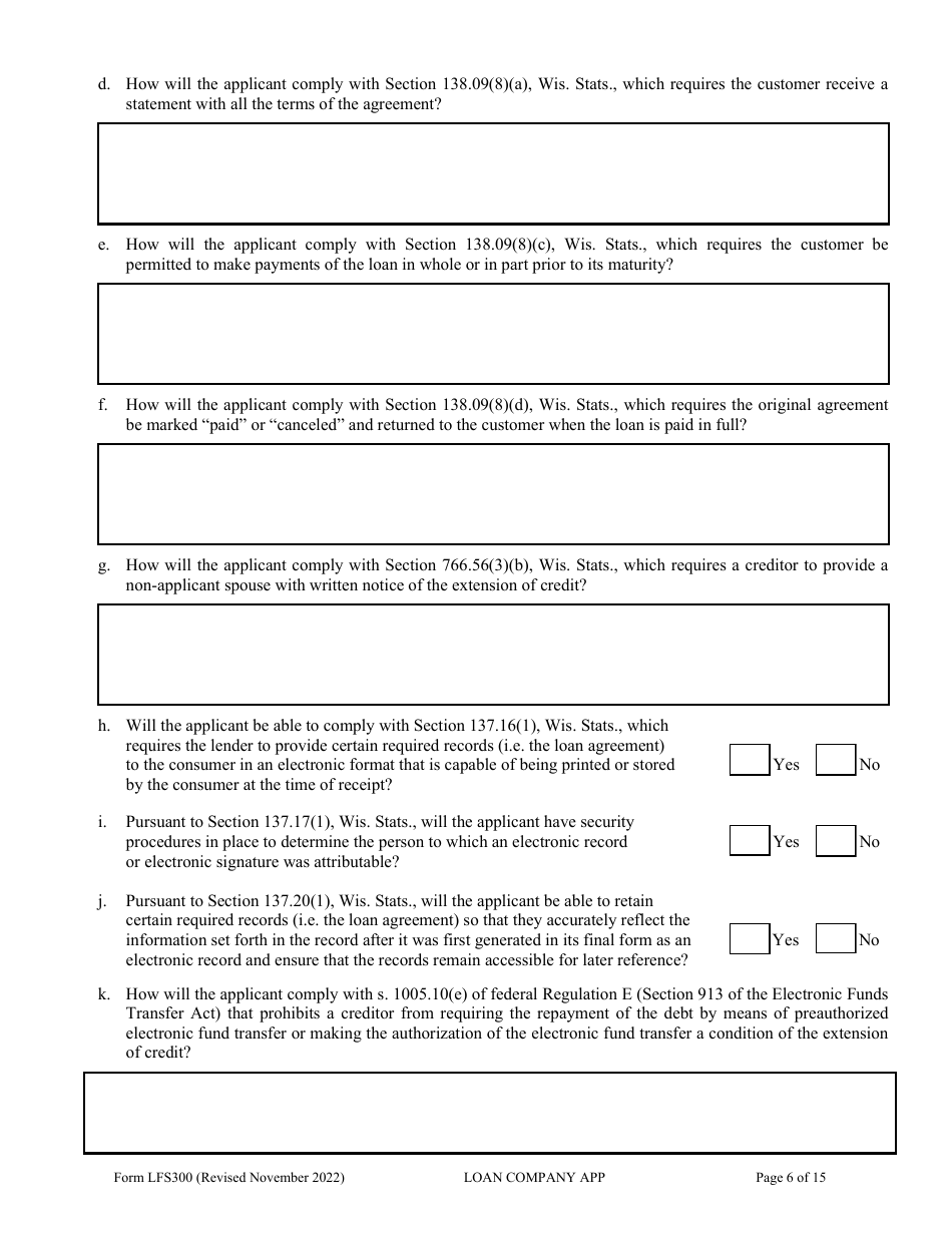 Form LFS300 Loan Company License Application - Wisconsin, Page 11