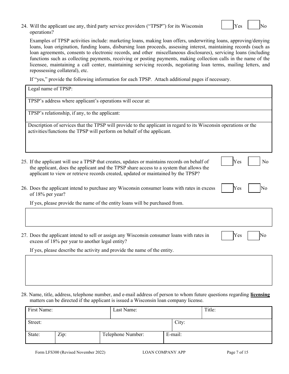 Form LFS300 Loan Company License Application - Wisconsin, Page 12