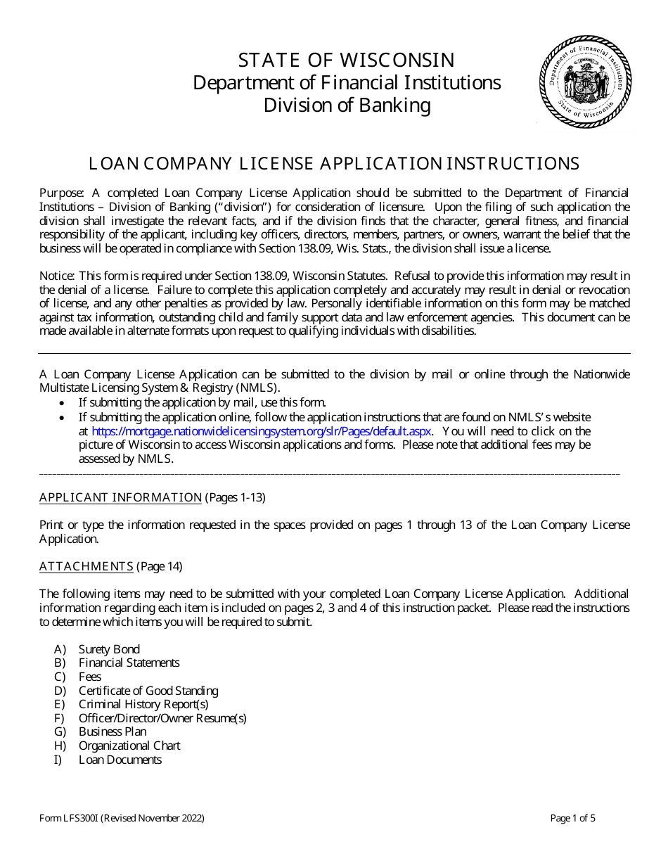 Form LFS300 Loan Company License Application - Wisconsin, Page 1