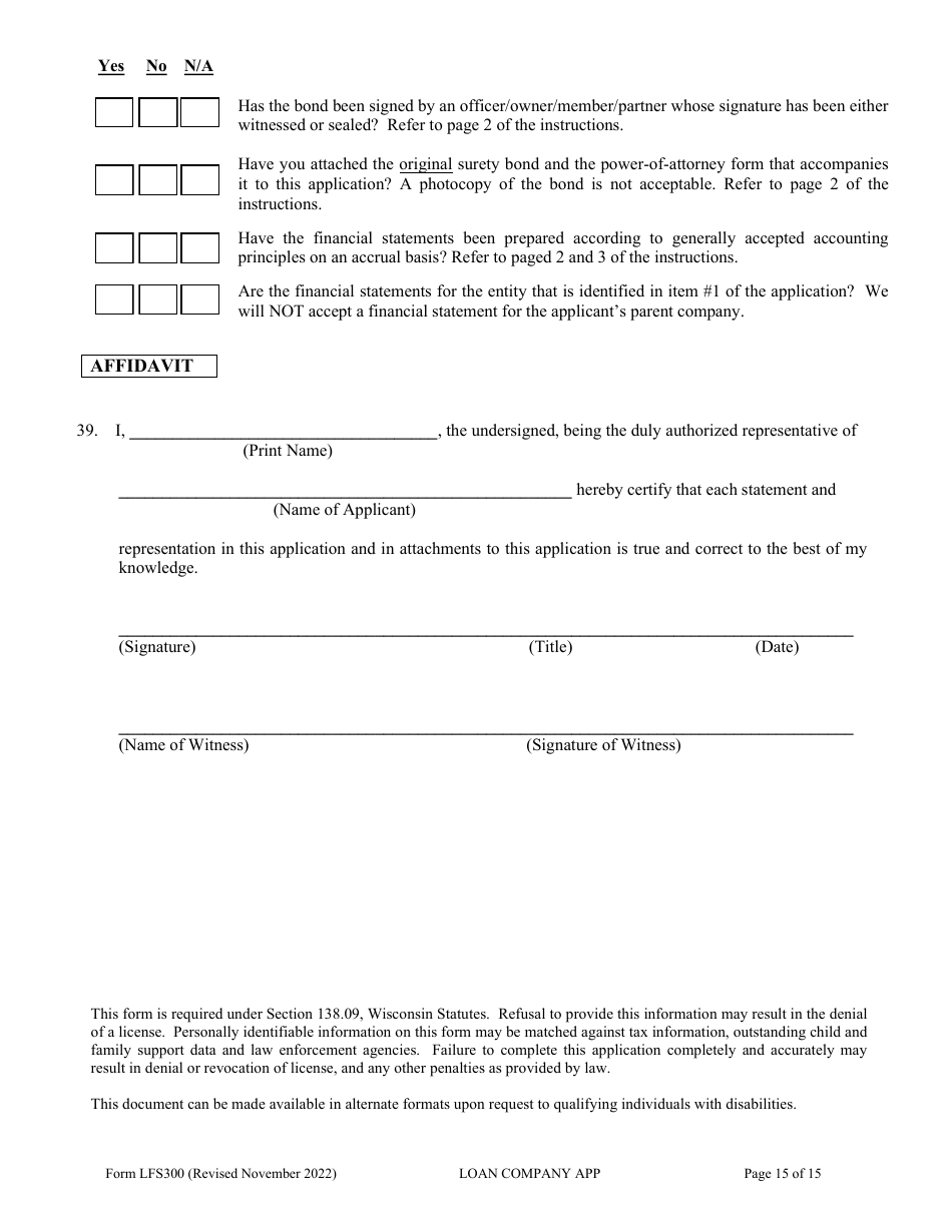 Form LFS300 Loan Company License Application - Wisconsin, Page 20