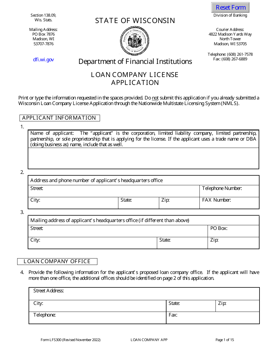 Form LFS300 Loan Company License Application - Wisconsin, Page 6