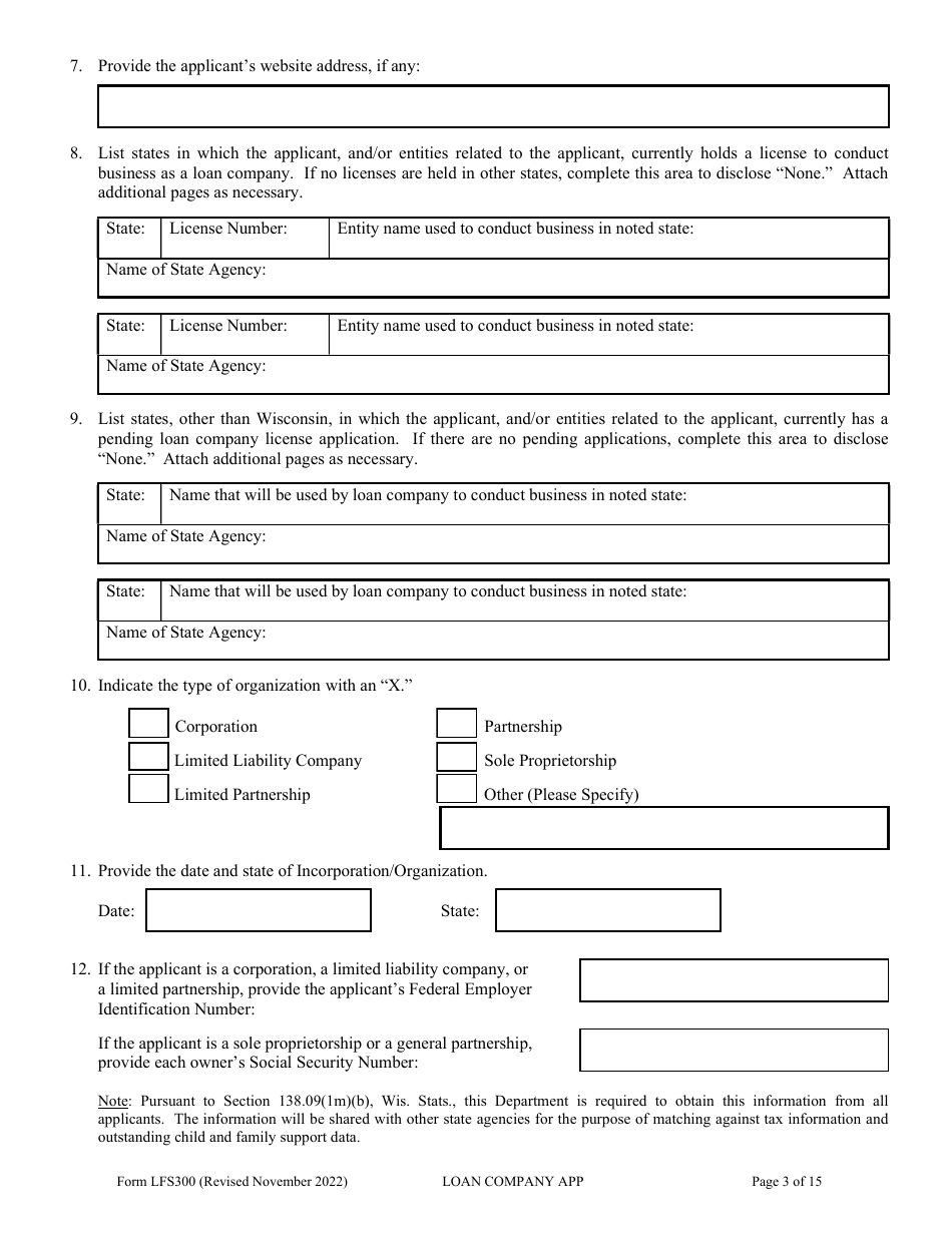 Form LFS300 Loan Company License Application - Wisconsin, Page 8